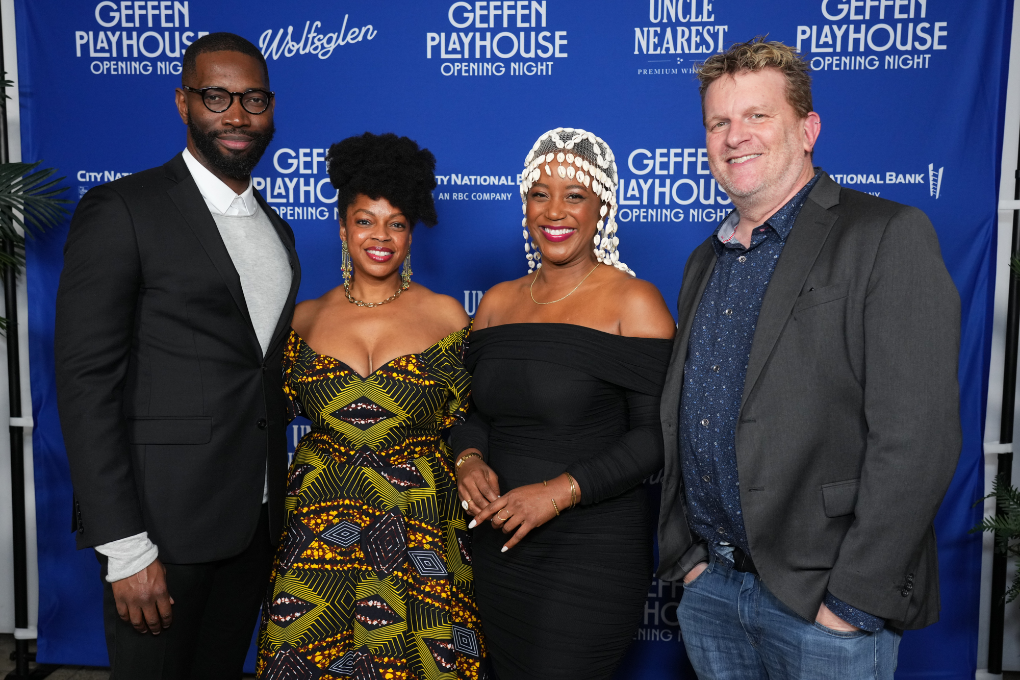 Artistic Director Tarell Alvin McCraney, director Tiffany Nichole Greene, playwright Kristen Adele Calhoun, and Executive Director/CEO Gil Cates, Jr. at the February 15, 2024 Opening Night of Black Cypress Bayou. Photo by Jordan Strauss